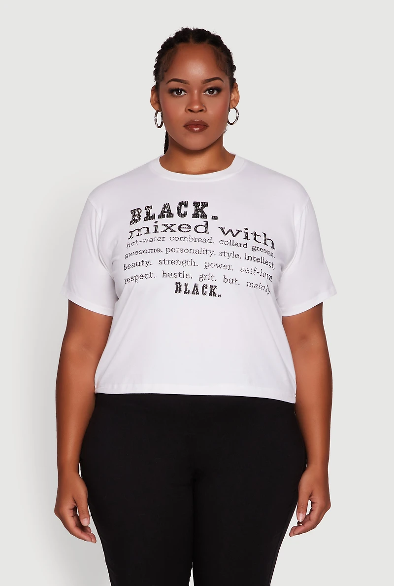 Womens Plus Size Black Graphic Print Rhinestone T-Shirt, White, Size 3X