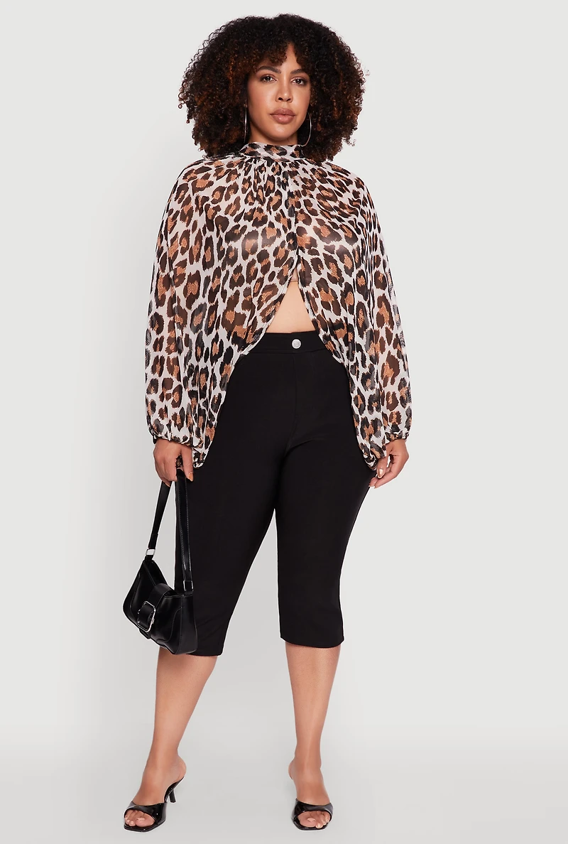 Womens Plus Sheer Tie Front Animal Print Crop Top, Brown,