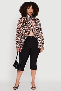 Womens Plus Sheer Tie Front Animal Print Crop Top, Brown,