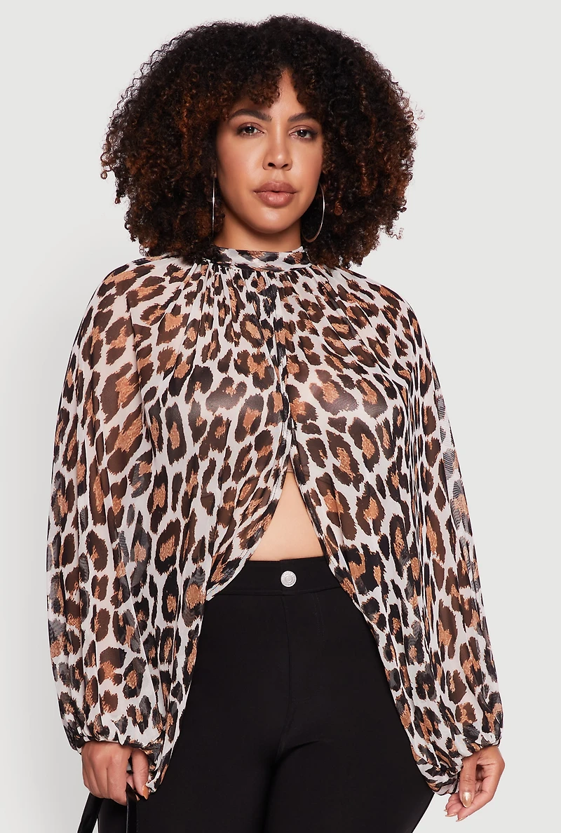 Womens Plus Sheer Tie Front Animal Print Crop Top, Brown,