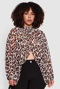 Womens Plus Sheer Tie Front Animal Print Crop Top, Brown,