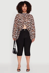 Womens Plus Sheer Tie Front Animal Print Crop Top, Brown,