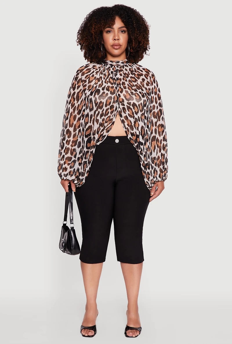 Womens Plus Size Sheer Animal Print Crop Top, Brown, Size 2X
