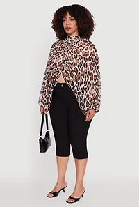 Womens Plus Sheer Tie Front Animal Print Crop Top, Brown,