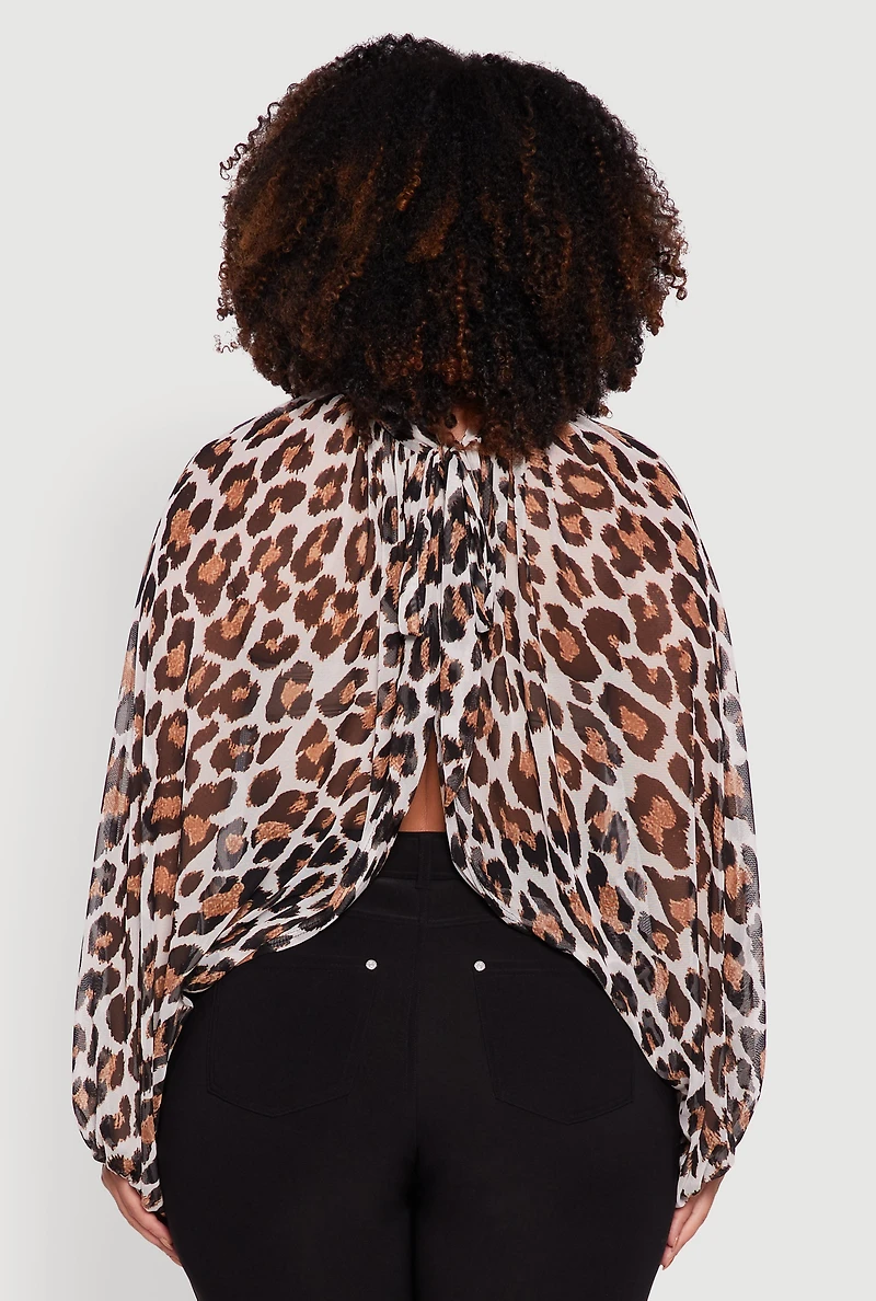 Womens Plus Sheer Tie Front Animal Print Crop Top, Brown,