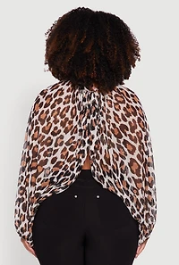 Womens Plus Sheer Tie Front Animal Print Crop Top, Brown,
