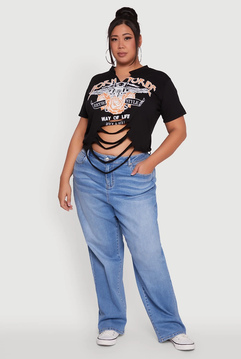 Womens Plus Born To Ride Slashed Graphic T-Shirt,