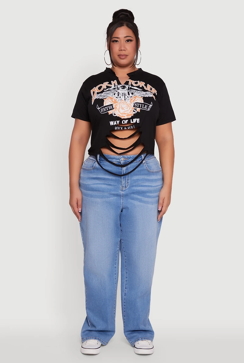 Womens Plus Born To Ride Slashed Graphic T-Shirt,