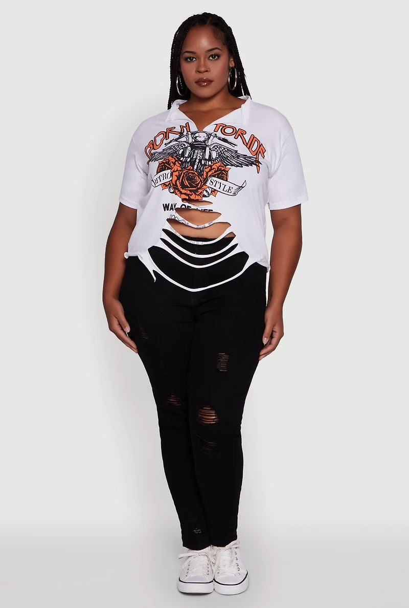 Womens Plus Size Born To Ride Slashed Graphic T-Shirt, White, Size 2X