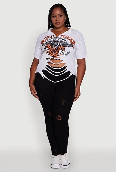 Womens Plus Size Born To Ride Slashed Graphic T-Shirt, White, Size 2X