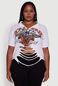 Womens Plus Size Born To Ride Slashed Graphic T-Shirt, White, Size 2X