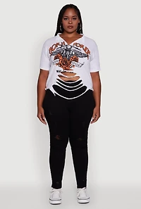 Womens Plus Size Born To Ride Slashed Graphic T-Shirt, White, Size 2X