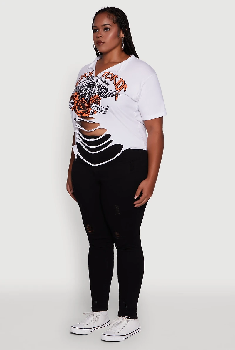 Plus Born To Ride Slashed Graphic T-Shirt