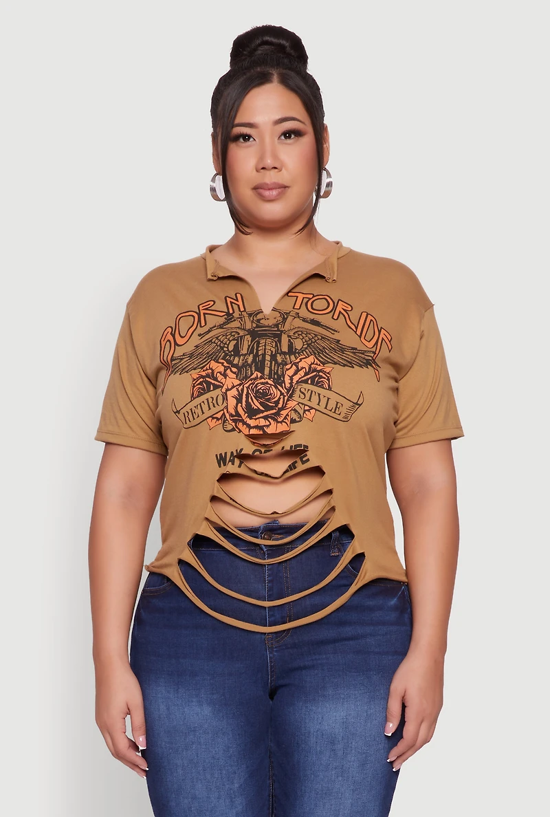 Womens Plus Born To Ride Slashed Graphic T-Shirt,