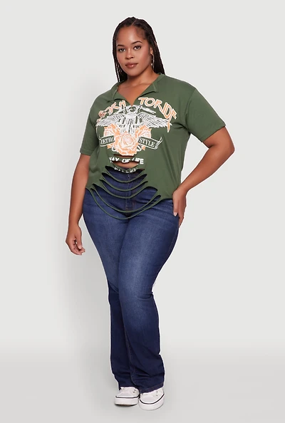 Womens Plus Size Born To Ride Slashed Graphic T-Shirt, Green, Size 1X