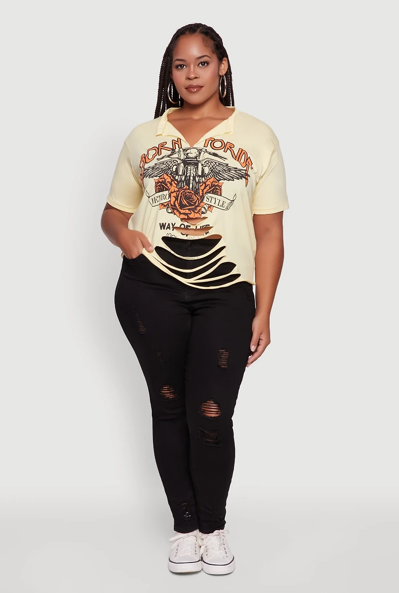 Womens Plus Size Born To Ride Slashed Graphic T-Shirt, Yellow, Size 1X