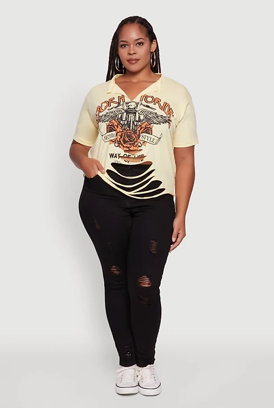 Womens Plus Size Born To Ride Slashed Graphic T-Shirt, Yellow, Size 1X