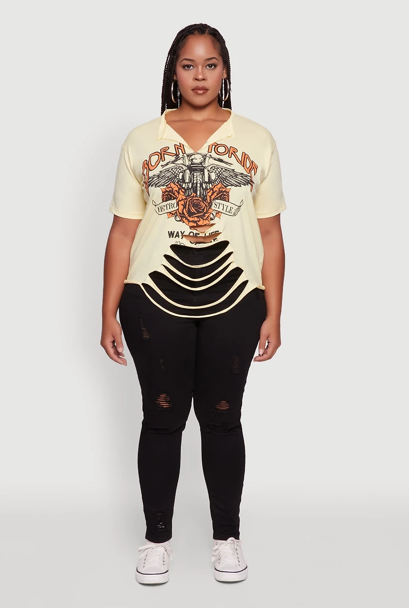 Womens Plus Size Born To Ride Slashed Graphic T-Shirt, Yellow, Size 1X