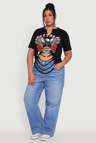 Womens Plus Size Freedom Rock and Roll Slashed Graphic T-Shirt, Black, Size 2X