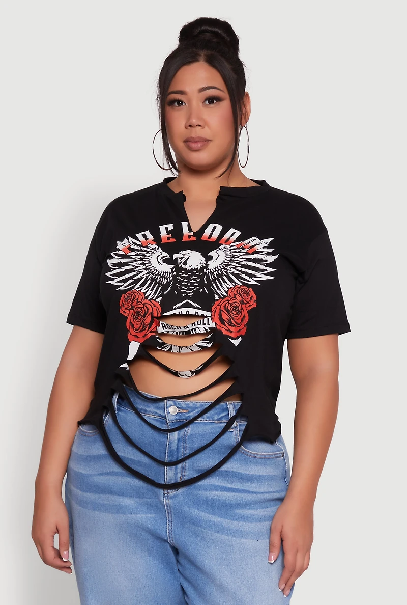 Womens Plus Freedom Rock and Roll Slashed Graphic T-Shirt,