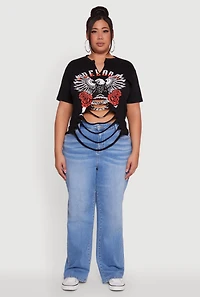 Womens Plus Size Freedom Rock and Roll Slashed Graphic T-Shirt, Black, Size 2X