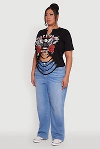 Womens Plus Size Freedom Rock and Roll Slashed Graphic T-Shirt, Black, Size 2X