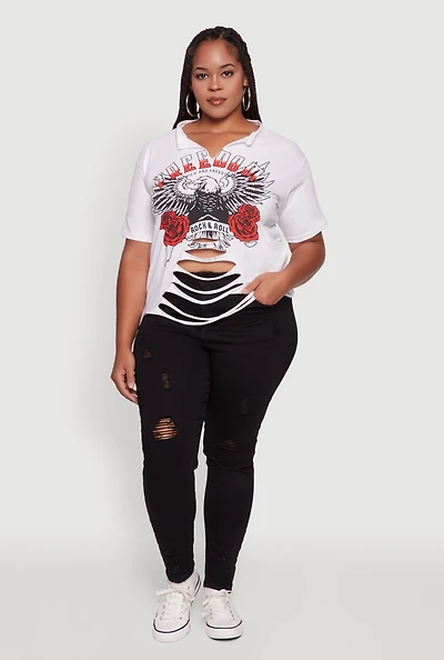 Womens Plus Size Freedom Rock and Roll Slashed Graphic T-Shirt, White, Size 2X