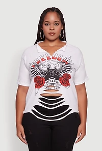 Womens Plus Size Freedom Rock and Roll Slashed Graphic T-Shirt, White, Size 2X