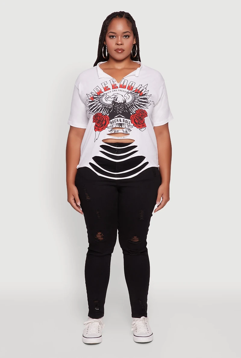 Womens Plus Size Freedom Rock and Roll Slashed Graphic T-Shirt, White, Size 2X