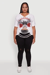 Womens Plus Size Freedom Rock and Roll Slashed Graphic T-Shirt, White, Size 2X