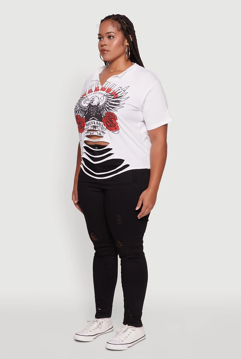 Womens Plus Size Freedom Rock and Roll Slashed Graphic T-Shirt, White, Size 2X