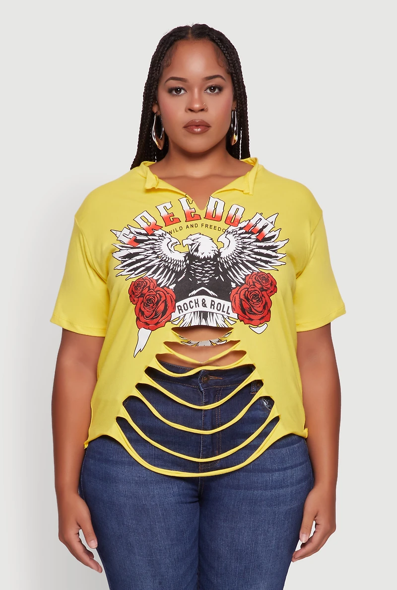 Womens Plus Size Freedom Rock and Roll Slashed Graphic T-Shirt, Yellow, Size 2X