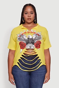 Womens Plus Size Freedom Rock and Roll Slashed Graphic T-Shirt, Yellow, Size 2X