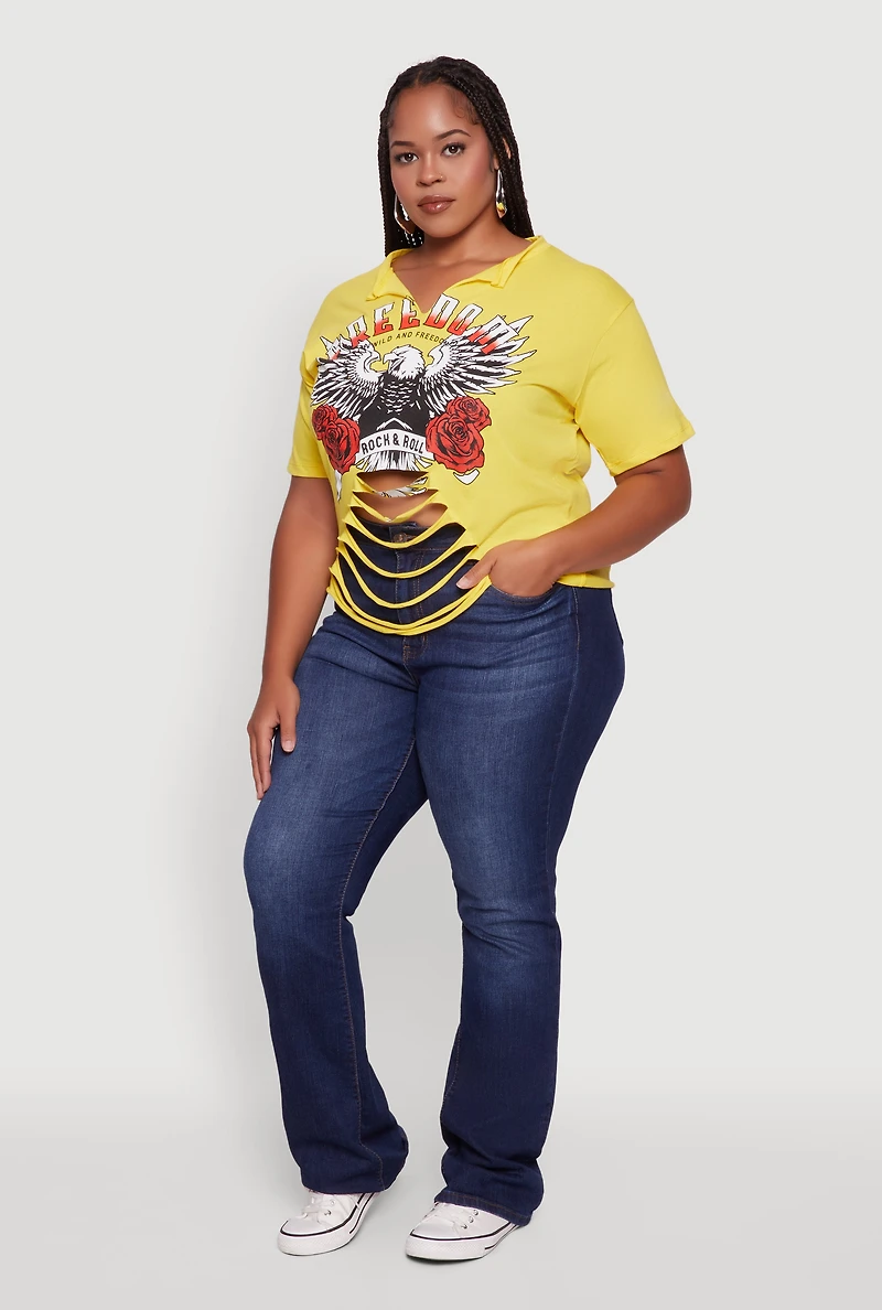 Womens Plus Size Freedom Rock and Roll Slashed Graphic T-Shirt, Yellow, Size 2X