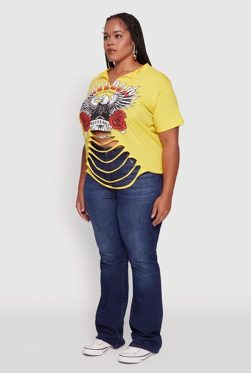 Womens Plus Size Freedom Rock and Roll Slashed Graphic T-Shirt, Yellow, Size 2X