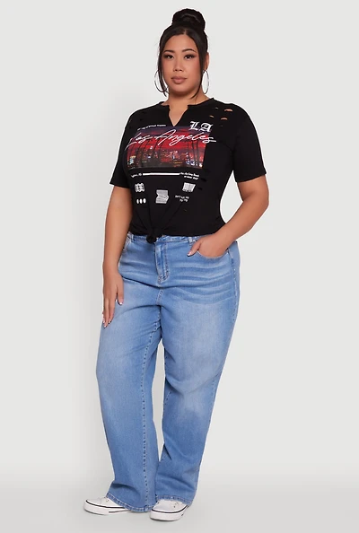 Womens Plus Cut Out Los Angeles Graphic Knot Front Tee, 2X