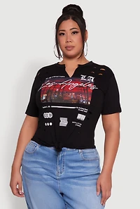 Womens Plus Cut Out Los Angeles Graphic Knot Front Tee, 2X
