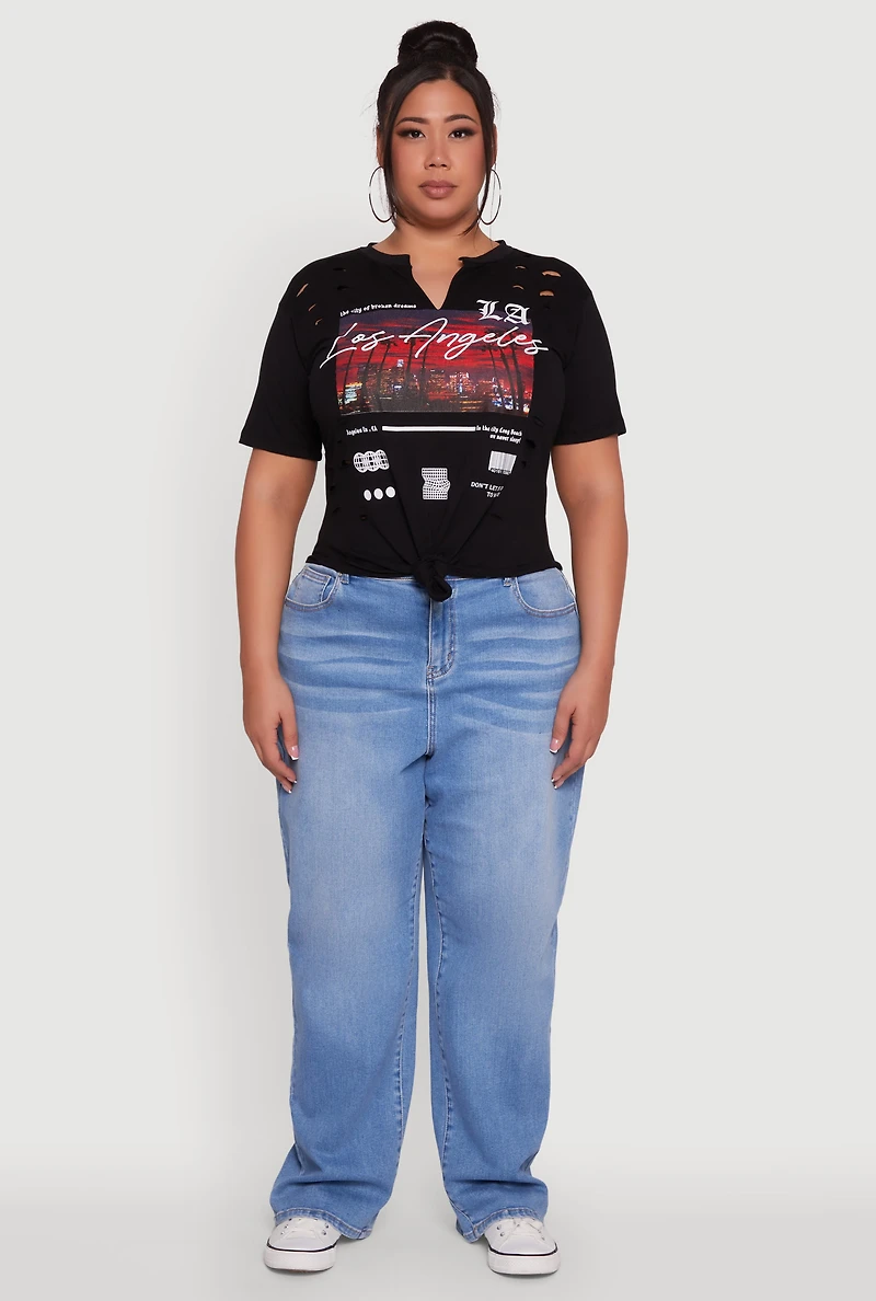 Womens Plus Size Cut Out Los Angeles Graphic Knot Front Tee, Black, Size 2X