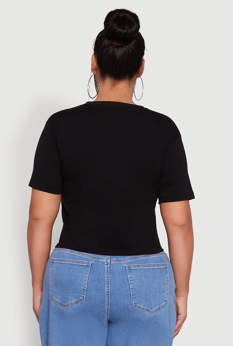 Womens Plus Size Cut Out Los Angeles Graphic Knot Front Tee, Black, Size 2X