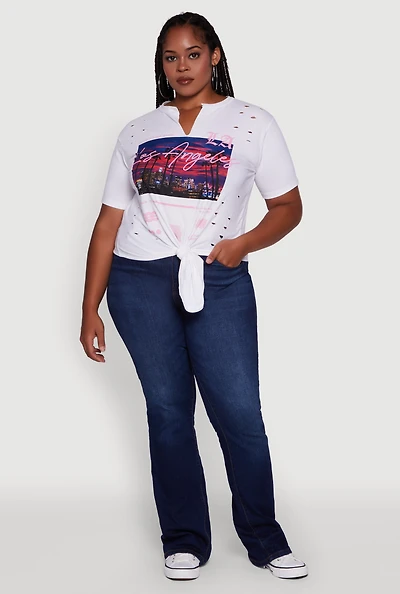 Womens Plus Size Cut Out Los Angeles Graphic Knot Front Tee, White, Size 1X