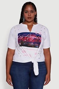 Womens Plus Size Cut Out Los Angeles Graphic Knot Front Tee, White, Size 1X