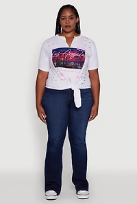Womens Plus Size Cut Out Los Angeles Graphic Knot Front Tee, White, Size 1X
