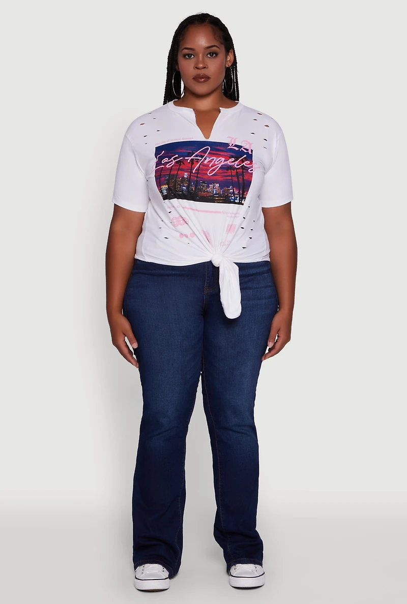 Womens Plus Size Cut Out Los Angeles Graphic Knot Front Tee, White, Size 2X