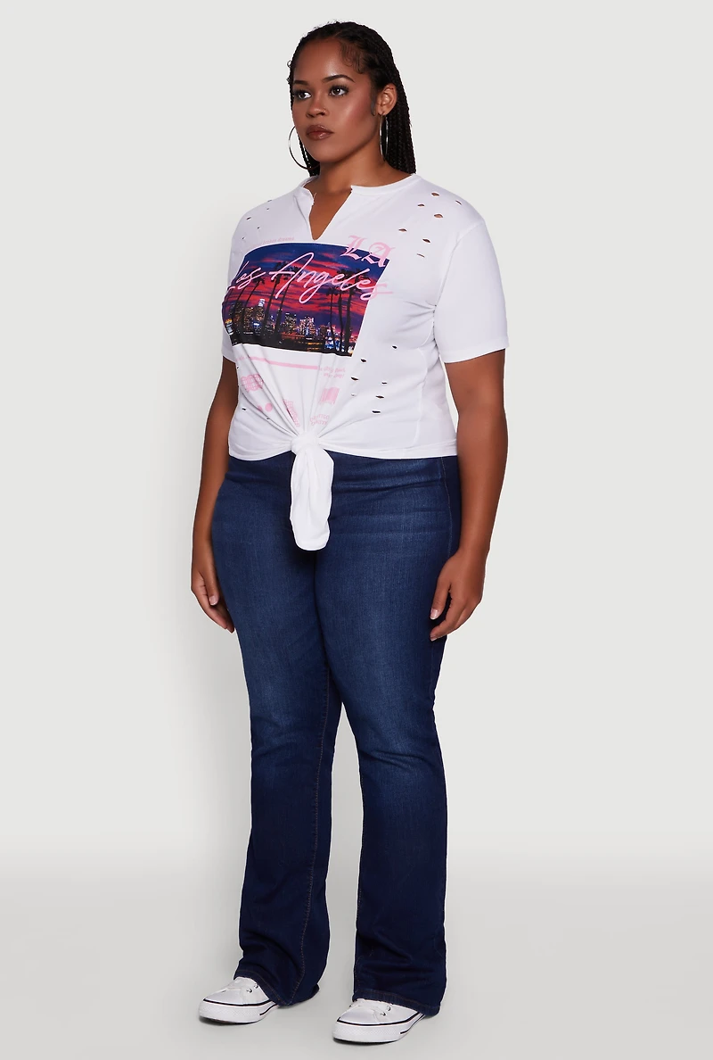 Womens Plus Size Cut Out Los Angeles Graphic Knot Front Tee, White, Size 2X