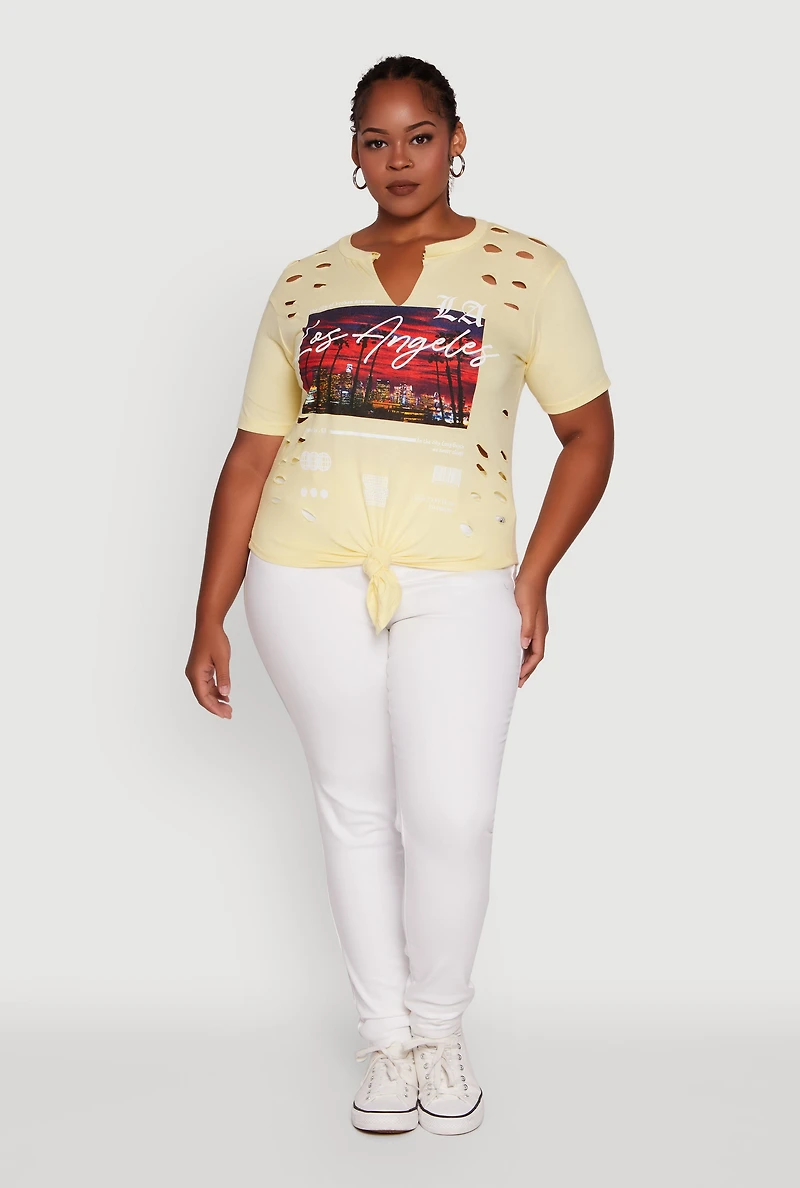 Womens Plus Size Cut Out Los Angeles Graphic Knot Front Tee, Yellow, Size 1X