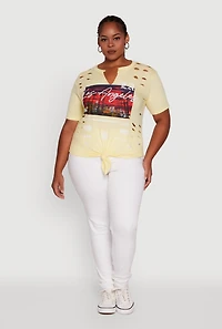 Womens Plus Size Cut Out Los Angeles Graphic Knot Front Tee, Yellow, Size 1X