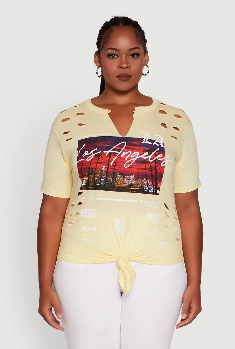 Womens Plus Size Cut Out Los Angeles Graphic Knot Front Tee, Yellow, Size 1X