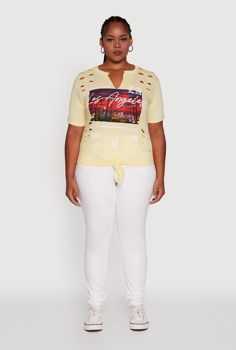 Womens Plus Size Cut Out Los Angeles Graphic Knot Front Tee, Yellow, Size 1X