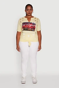 Womens Plus Size Cut Out Los Angeles Graphic Knot Front Tee, Yellow, Size 1X