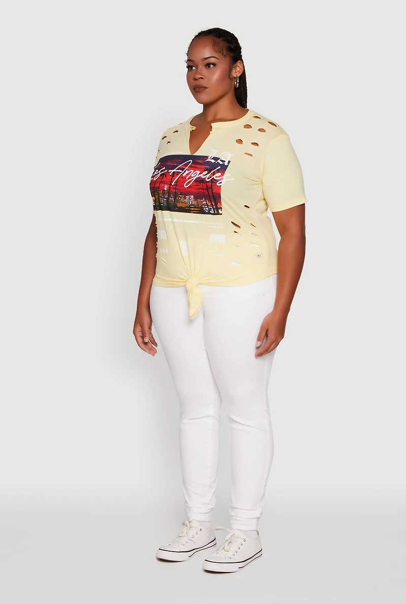 Womens Plus Size Cut Out Los Angeles Graphic Knot Front Tee, Yellow, Size 1X